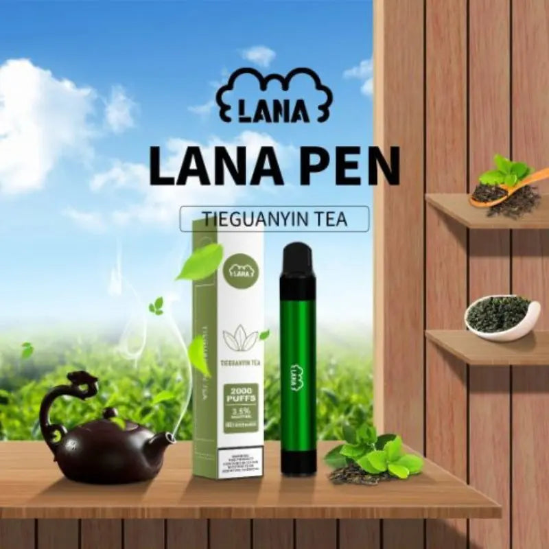 SGVape-Lana-Pen-2000-Puffs-Tie-Guan-Yin-Tea-flavor-on-greenery-background-LANA